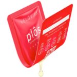 a red Plos packet (SNAP) folded in half with a drop of Plos dripping out the bottom.